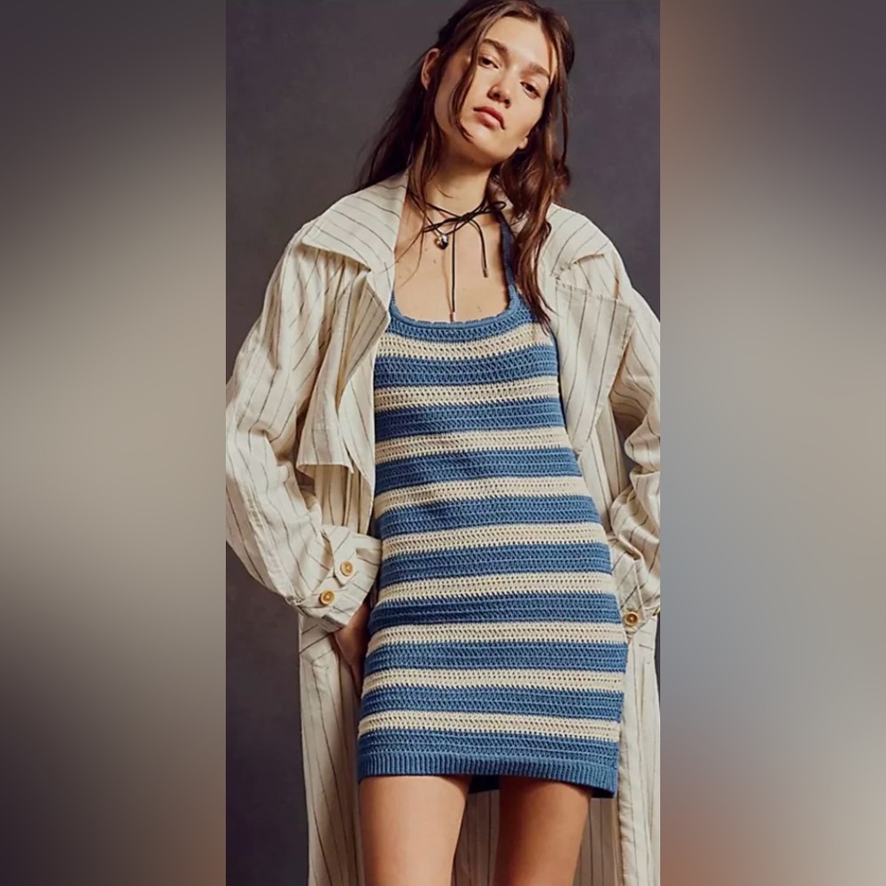 FREE People Beach Felicity Sweater Mini Dress FP Stripe Blue Knit Dress SZ M
